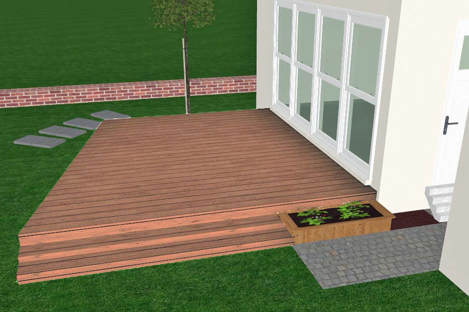 digital design preview of custom level wooden decking construction by local carpentry pro showing layout of backyard in germantown tennessee.